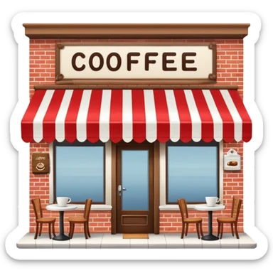 small café building with striped awning and coffee sign sticker