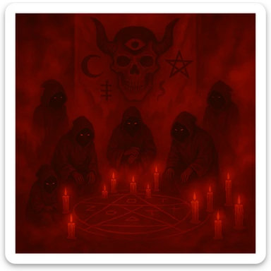 Change the color scheme to red and black with intense red fog and mist, creating an overall red horror palette. Keep all other details unchanged. sticker