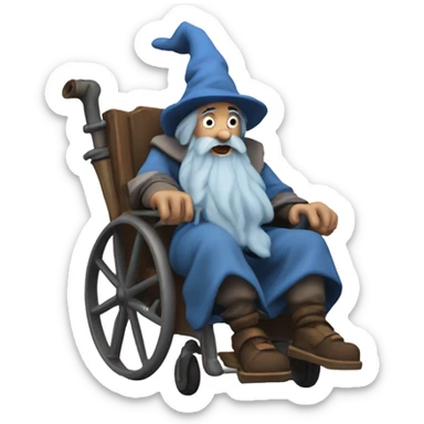A old wizard with huge muscles and a blue beard and dirty cloths is in a wheelchair and smoking a pipe sticker