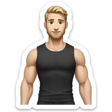 Pale skinned Fit Man With the biceps and dark brown hair in black shirt, gray sports shorts and white Sneakers sticker