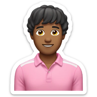 Man with medium skintone, black bob hair with bangs, wearing pink polo shirt  sticker