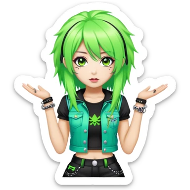 hime gyaru girl, neon green hair, dark makeup, punk clothes standing sticker