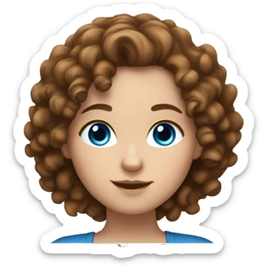 A white girl with brown curly hair and blue eyes is working on a laptop sticker