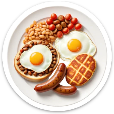 English Breakfast Cinematic Realistic English Breakfast Dish Emoji, depicted as a hearty plate featuring 2 sizzling sausages, a central serving of baked beans, 2 perfectly fried eggs, 2 sliced grilled tomatoes, 2 grilled mushrooms, and a triangle-shaped hash brown, rendered with vivid textures and warm, inviting lighting. sticker