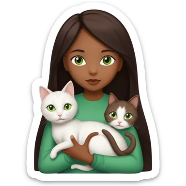 black girl with straight long dark brown hair with a side part holding a female white cat with green eyes sticker