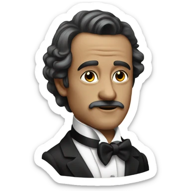 19th century white writer in a black tuxedo with a bow tie sticker