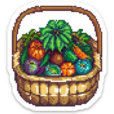 a basket of vegetables, retro and blocky pixel art style sticker