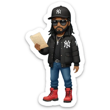 African American man with shoulder length black dreadlocks with black beard wearing black sunglasses wearing a black New York Yankees logo baseball cap wearing a black bubble winter coat with denim skinny jeans and timberland boots writing a letter sticker