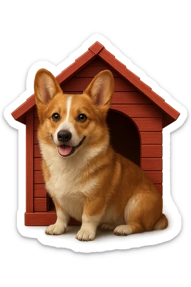 Make the dog house red and make the corgi look even more realistic in an emoji style. Keep the background transparent. sticker