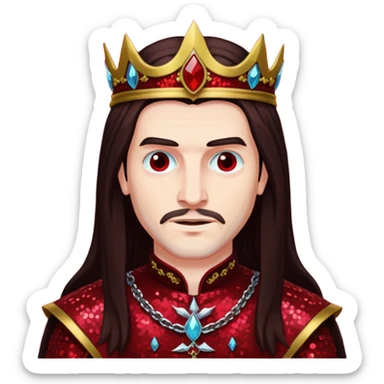 Vlad Tepes with long dark brown hair, dark red sequin outfit sticker