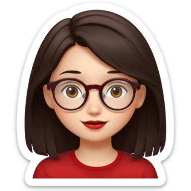 Shy girl with long dark brown hair and round red-rimmed glasses glancing at boy with straight, short, and voluminous, tousled brown hair and cheeky smile. sticker