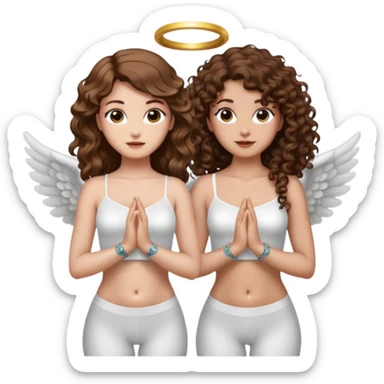 fake angel pose — long wavy brown hair tattooed woman and short tight curly brown hair woman — halo sparkle sticker
