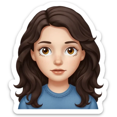 A white girl with long dark brown wave hair and patches under her eyes sticker