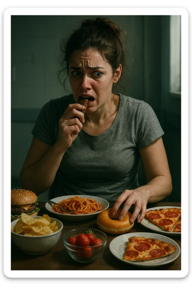 realistic cinematic illustration of a woman during menstrual cycle with very evident emotional eating, anxious expression, compulsive gestures towards food, tense posture, realistic details, clinical atmosphere, dramatic lighting, no text, vertical 2:3 aspect ratio sticker