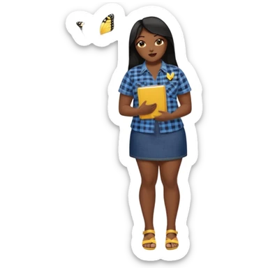 A plus-size Black woman is wearing makeup. She has long, straight black hair and is wearing a short-sleeved flannel shirt with a yellow butterfly print, a denim miniskirt, and sandals. She is standing and holding a book in one hand while extending her forearm upward with the other. sticker