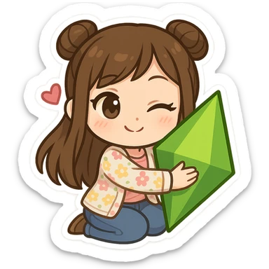chibi sticker of a girl with brown straight hair in double buns, brown eyes, wearing a pastel floral cardigan and jeans, white outline, being flirty and hugging a plumbob, transparent background, 512x512px sticker