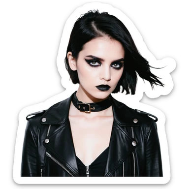 Chucky's bride in a black dress and black leather jacket, heavy dark eye makeup sticker