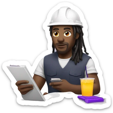 Black man with dreads with a hard hat and clipboard and a purple drink in other hand  sticker
