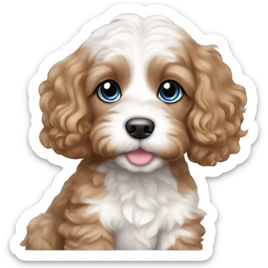a cavapoo puppy with white and brown, wavy hair, blue eyes, pink nose  sticker