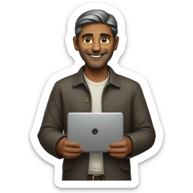 an Indian man with a warm, friendly smile holding a laptop in standing postion.  sticker