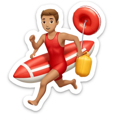 lifeguard in red swimsuit running with rescue float sticker