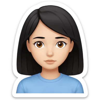Emoji of a girl with black-brown long bob hair, fair tan skin, brown eyes, soft black eyebrows, pastel blue shirt, clean girl aesthetic, white background  sticker