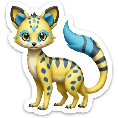 Colorful Yellow Meloetta-Civet-Sergal-Genet-Pokémon-Digimon-Fakémon-fusion-hybrid-creature with Cyan stripes and blue leopard-spot-markings  sticker