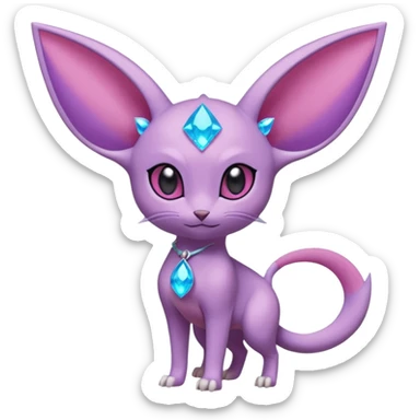 Espeon pokemon, pastel purple body color, one dark pink jewel middle of forehead only, end of tail split in two, ear like flaps coming out 
of each cheek, inside of big pointy ears is blue
 (full body) sticker