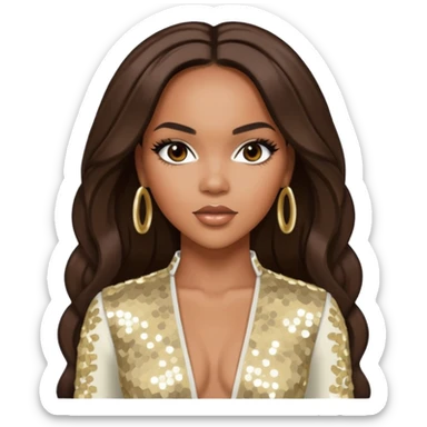 LeToya Luckett from Destiny's Child with long dark brown hair, ivory sequin outfit sticker