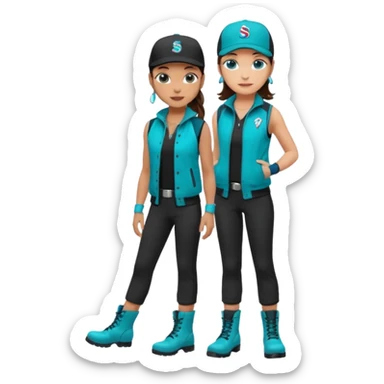 A landscaper in a beautiful turquoise jacket and turquoise boots, black pants, and a black sleeveless shirt. On his head is a black Swissotel baseball cap. The girl is a brunette with blue eyes. sticker