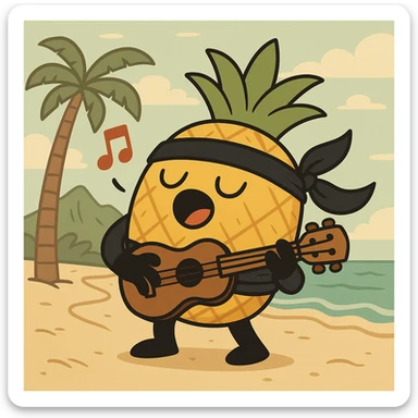 a pineapple singing in Hawaii, wearing a ninja costume, cartoon style sticker