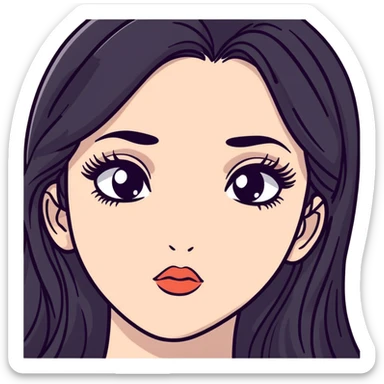 White girl with long oval face, huge round black eyes, big eyelashes, no makeup, natural lips, face closeup, long straight black middle-parted hair sticker