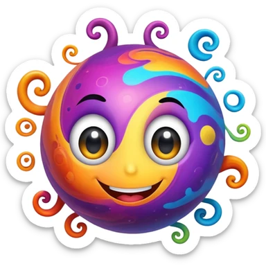 multicolored planet with swirls of bright colors and a happy smiling face with big eyes sticker