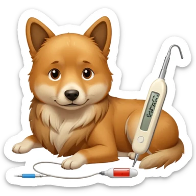 A sick dog lying down with a digital thermometer placed next to it, showing a fever.
The dog looks tired and weak, with a warm and cozy indoor atmosphere. sticker