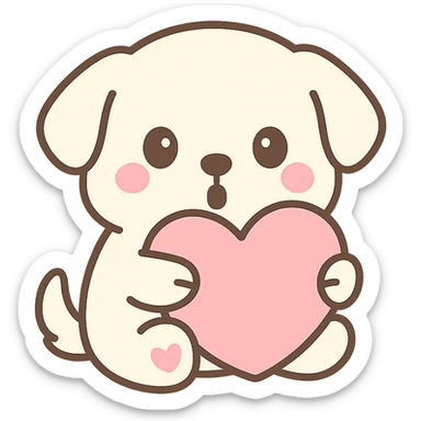 A cute white cream retriever hugging a pretty pink heart pillow with mouth rounded in a surprised expression, no background, cute style. sticker
