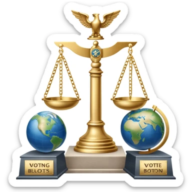 An icon featuring a podium with microphones, scales of justice, and a government building, symbolizing political science. The design includes a globe and voting ballot to represent global politics and civic participation. Transparent background highlights governance, policy, and political analysis. sticker