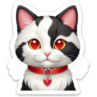 tuxedo cat with red leash and heart pendant, white fur only on mouth, small diamond spot above nose sticker