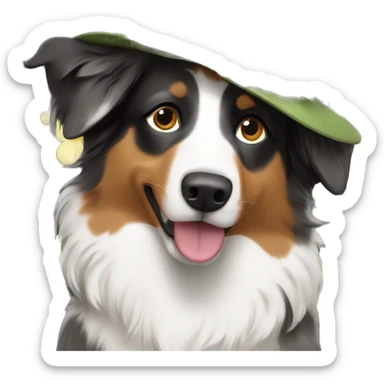 australian Shepard with a flowery leafy hat sticker