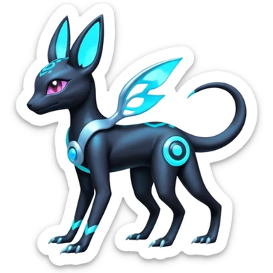 White and Cyan-glowing Futuristic  Salandit-Umbreon-Espeon-Sylveon-Fakémon-hybrid-creature (full body)  sticker
