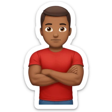 apple stylized emoji of a strong man, his arms crossed, white bg, he's in a red tee shirt sticker
