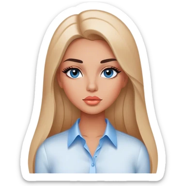 Glamours, tanned, very beautiful girl, with big pump peach-beige-rose lips, long long lashes, black straight smooth silky long hair, straight parting hair, blue-grey eyes, in white shirt, no additional things just white bckground sticker