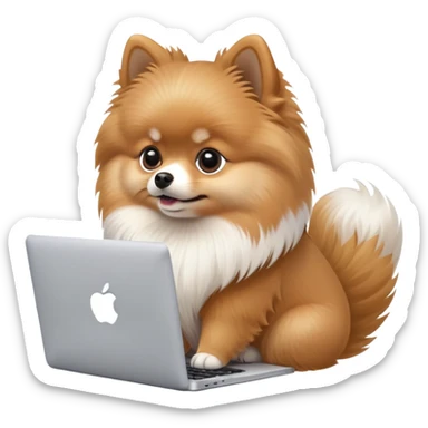 Cute Pomeranian dog working on a MacBook, viewed from a slight angle from the side, showing the entire top lid with the Apple logo sticker