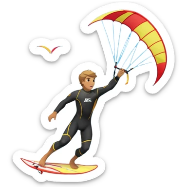 A kite surfer soaring above the waves, holding onto a kite with the wind in full force. The background showcases the ocean and sky, emphasizing the freedom, thrill, and energy of the sport. The motion of the kite and board is dynamic, capturing the excitement of kiting. sticker