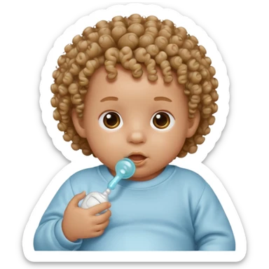 Close-up, newborn baby boy, curly hair, pacifier sticker