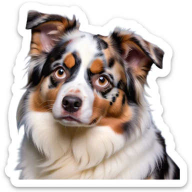 Cinematic Grumpy Calico Australian Shepherd Portrait Emoji, Head tilted slightly with a deeply unimpressed expression, thick predominantly white fur with distinct black, tan, and red merle calico patches, large, droopy blue eyes narrowed into an unamused glare, ears slightly drooping in exasperation, Simplified yet comically expressive features, highly detailed, glowing with a dry, sarcastic glow, high shine, effortlessly judgmental yet dignified, stylized with a touch of cynicism, bright but brooding, soft glowing outline, capturing the essence of an eternally unimpressed yet endearing pup, so lifelike it feels like it could sigh heavily at you in disdain at any moment! sticker