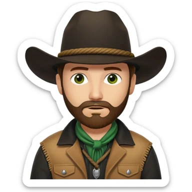yellowstone ranch cowboy with brown beard & green eyes, black cowboy hat with plain black rope and no jewel, black shirt, and leather tan jacket sticker