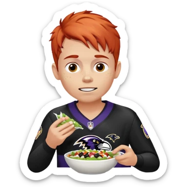a red-haired boy wearing a ravens jersey and eating a chipotle burrito bowl sticker