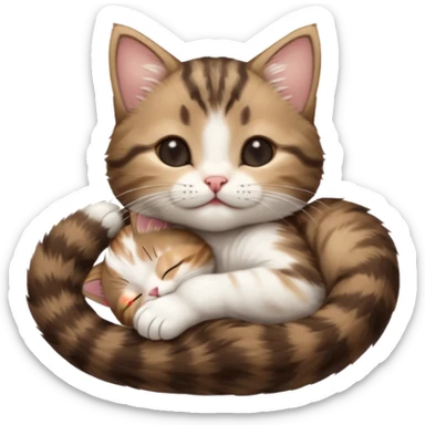 dark brown tabby and white kitten eyes closed whilst in funny positions stretched out and  upside down sticker