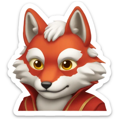 red kitsune mask, fluffy ears, slight smile sticker