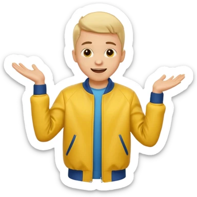 excited boy with good hair cut shrugging his shoulder, wearing yellow jacket and smile sticker